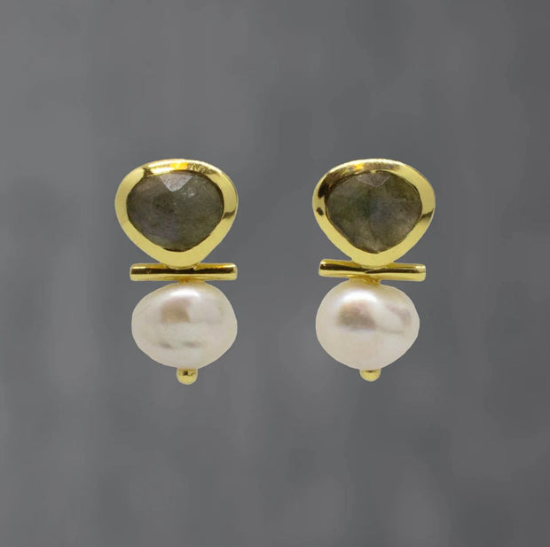 Laboradite & Pearl Gold Bar Earrings