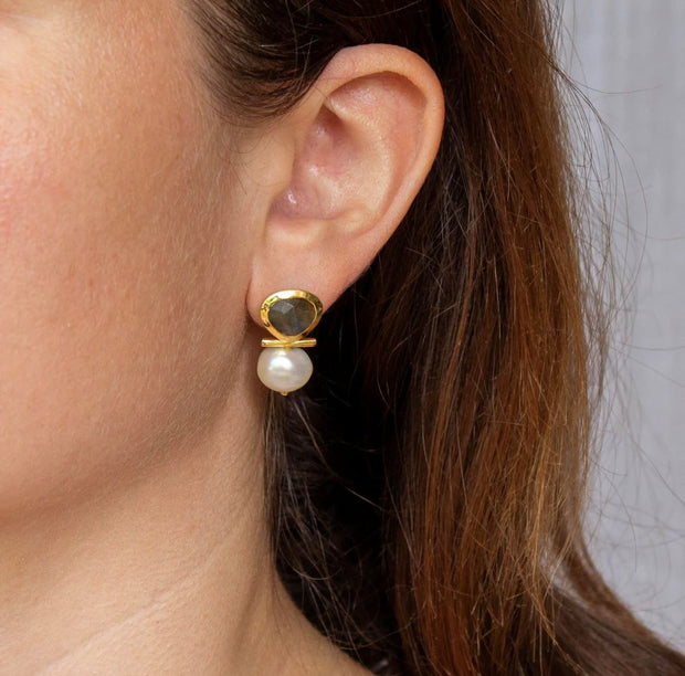 Laboradite & Pearl Gold Bar Earrings